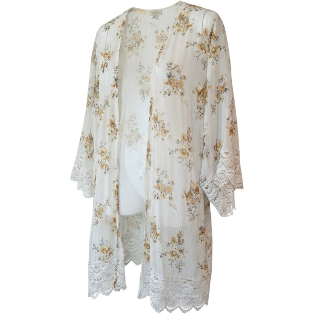 Mason & Belle Kimono Women XL Off White New Floral Laria Crochet Detail Woven